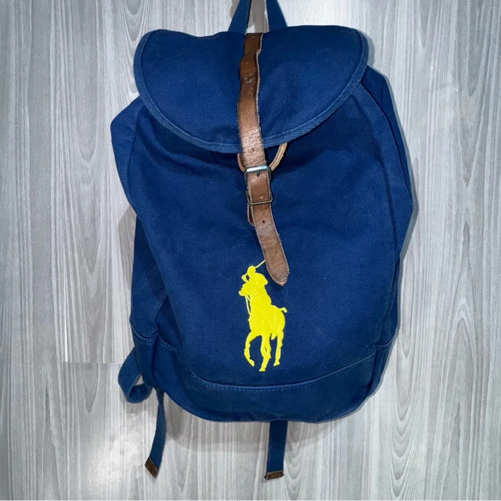 Vtg Polo Ralph‎ Lauren Blue Backpack Embroidered Yellow Pony Logo Canvas Leather